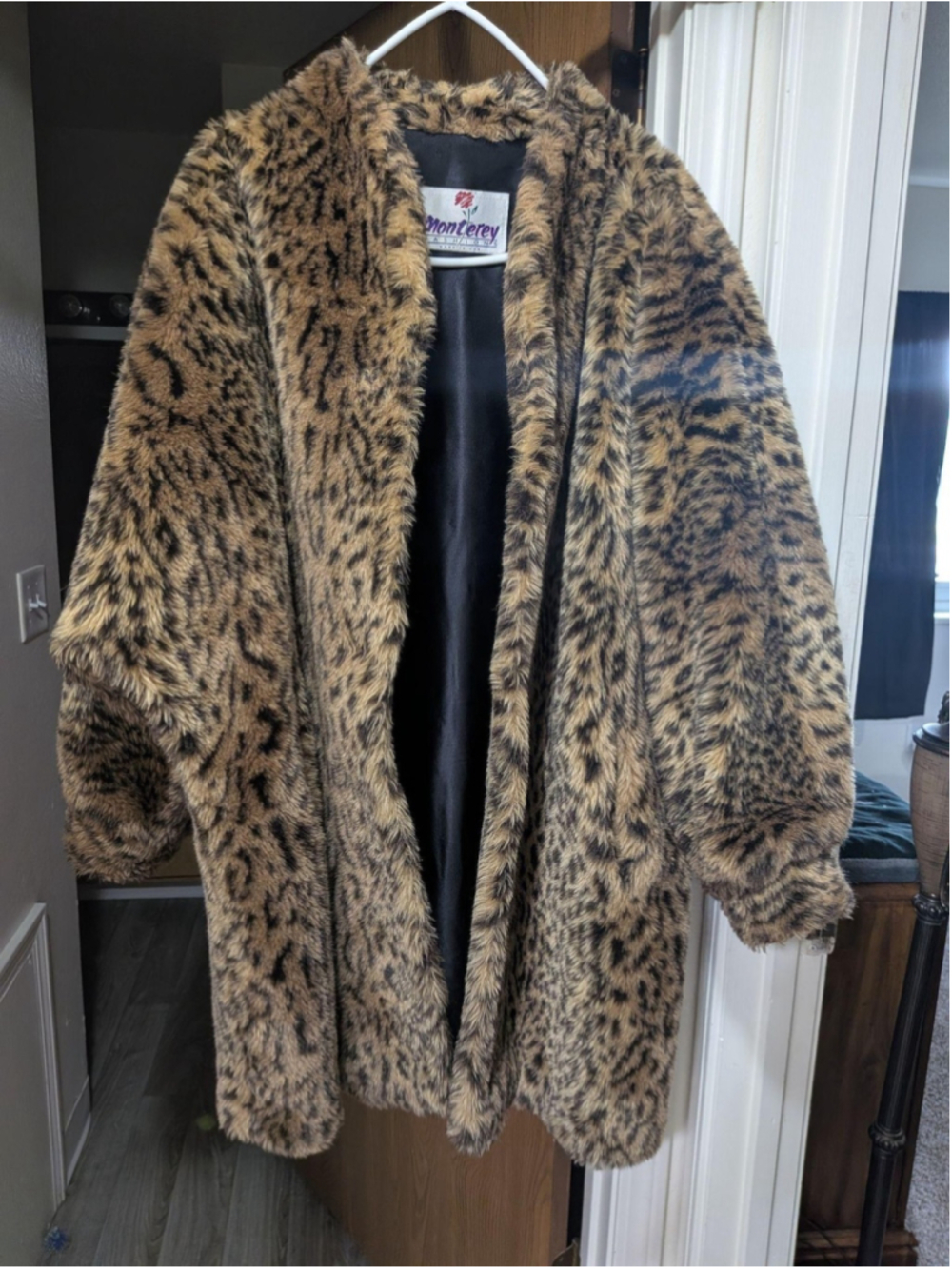 1960s Vintage Monterey Fashions Faux Fur Coat Womens Brown Animal Print USA Long